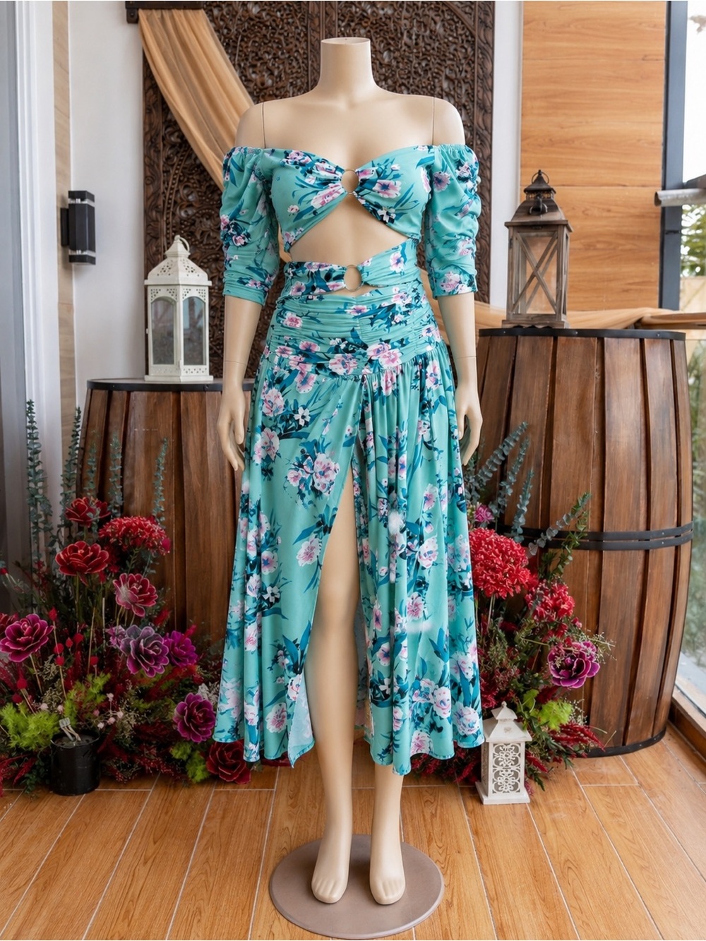 🆕 BRAND 🆕 Off-Shoulder Floral Midi Skirt & Top Set - Teal Floral